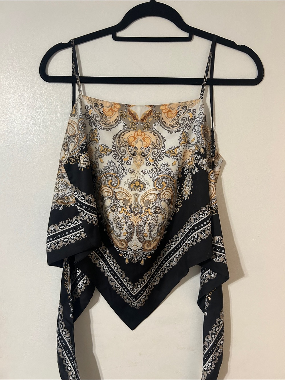 Amazon Satin Paisley Handkerchief Cami Top in Black and Gold